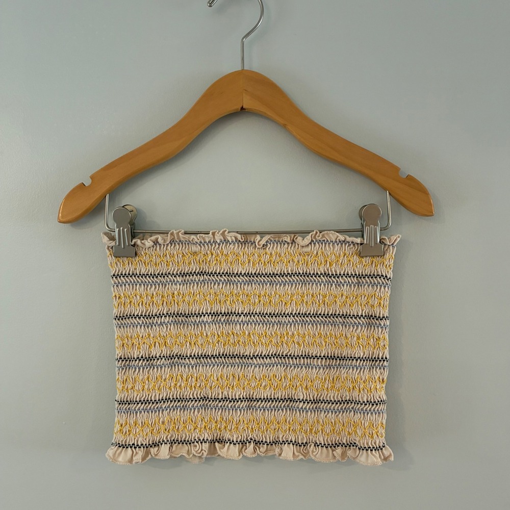 Hem & Thread Tube Top Women Medium Cream Yellow Smocked Embroidered Bandeau Crop